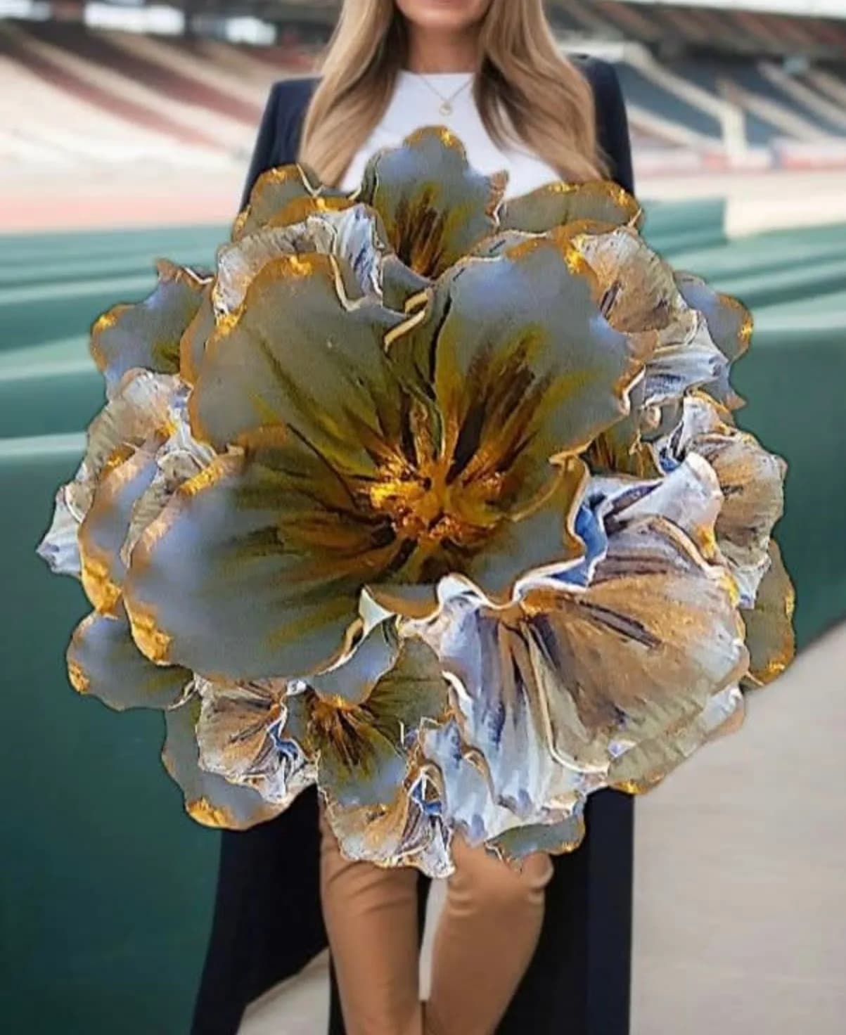 Grande fiore artistico oro e verde-salvia con riflessi metallici