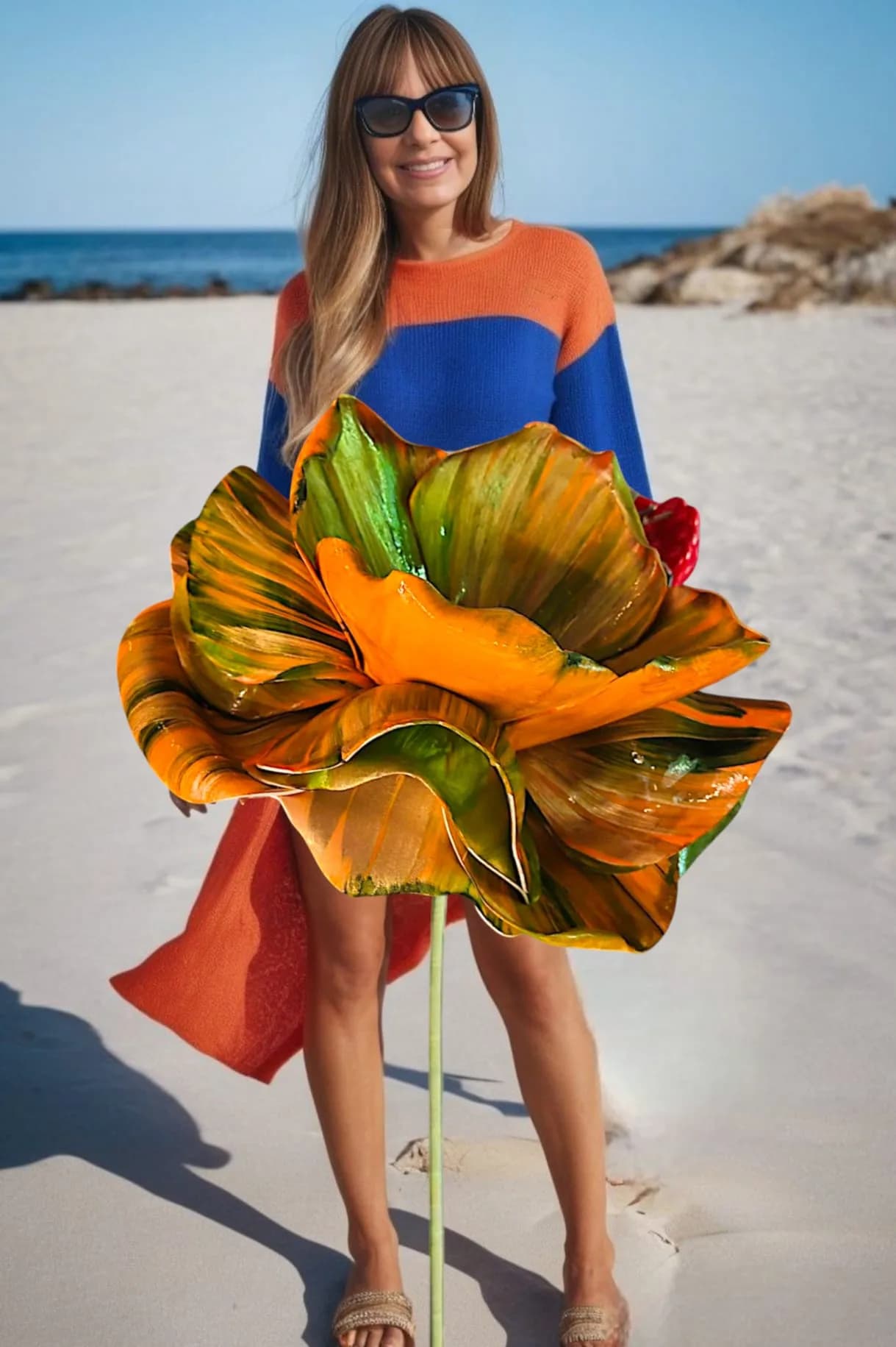 Fiore gigante arancio e verde su stelo, in spiaggia