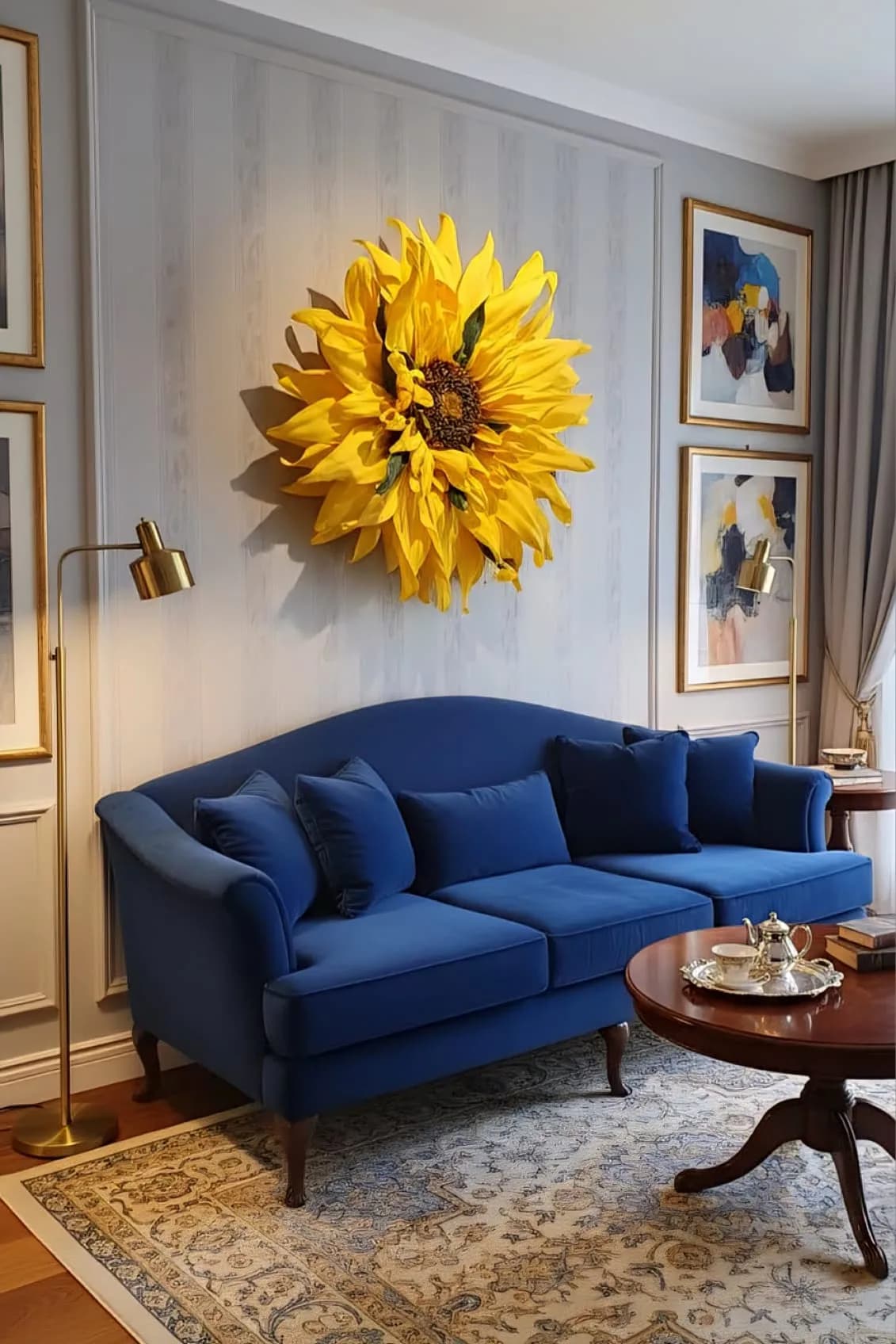 Girasole gigante da parete sopra un divano blu