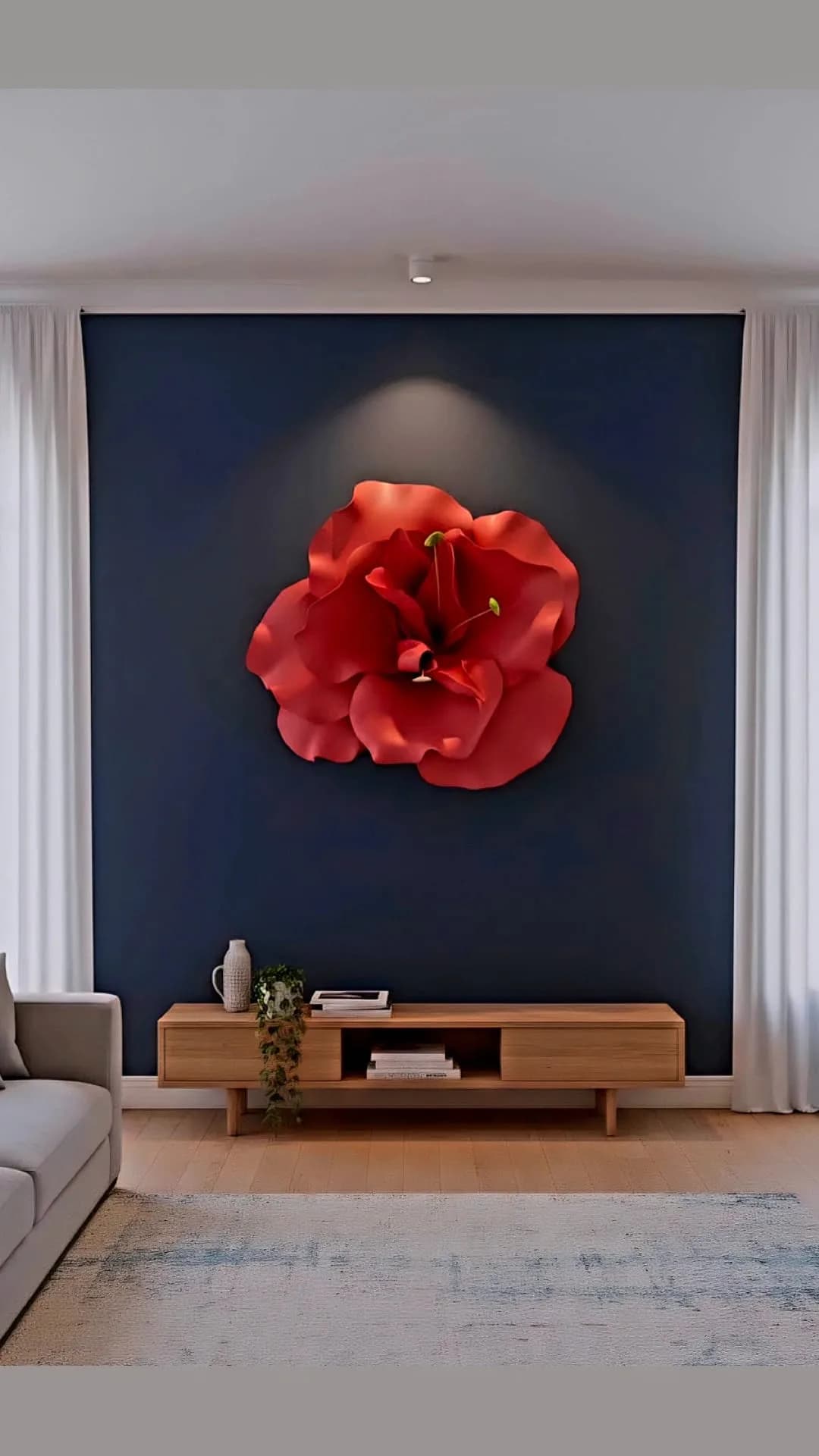 Grande fiore rosso da parete su parete blu notte