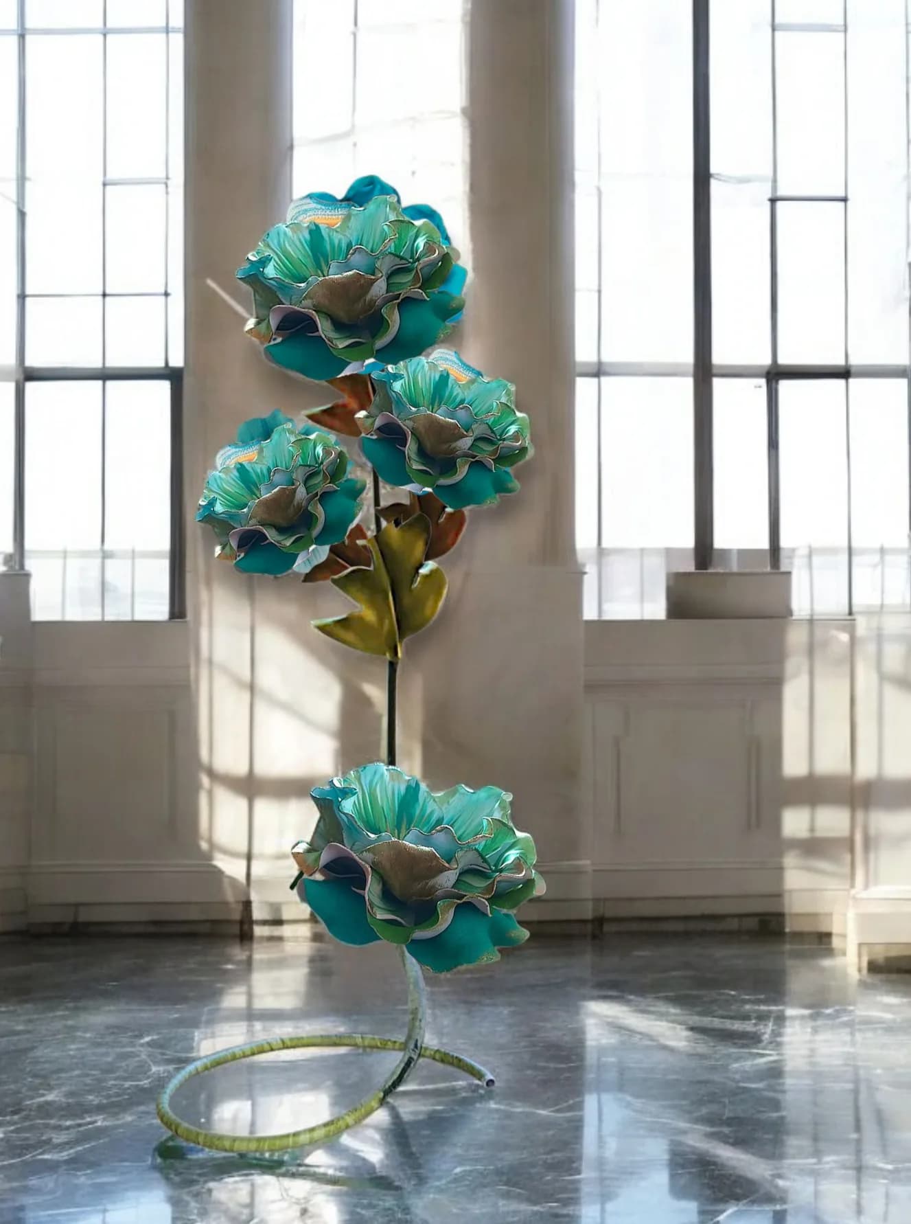 Composizione di grandi fiori turchese su stelo a spirale