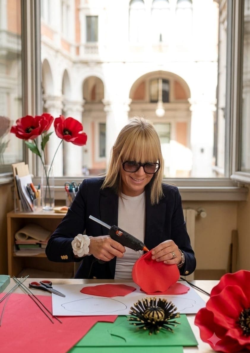 Francesca modella con il calore un petalo di papavero rosso al banco da lavoro, davanti a una finestra su un cortile classico