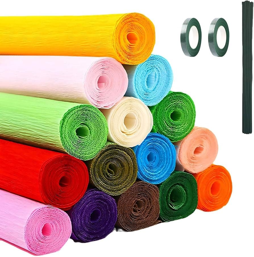 Rotoli di carta crespa in tanti colori con nastri da fiorista verdi