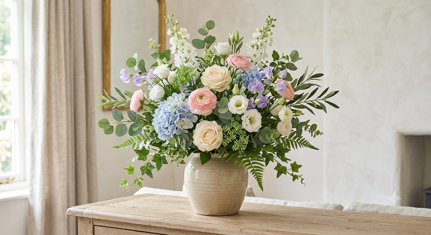 Bouquet di fiori artificiali nei toni del rosa, azzurro e bianco