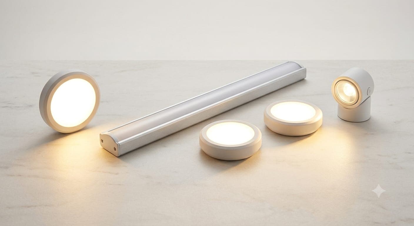Lampade LED a batteria dalla luce calda su piano di marmo