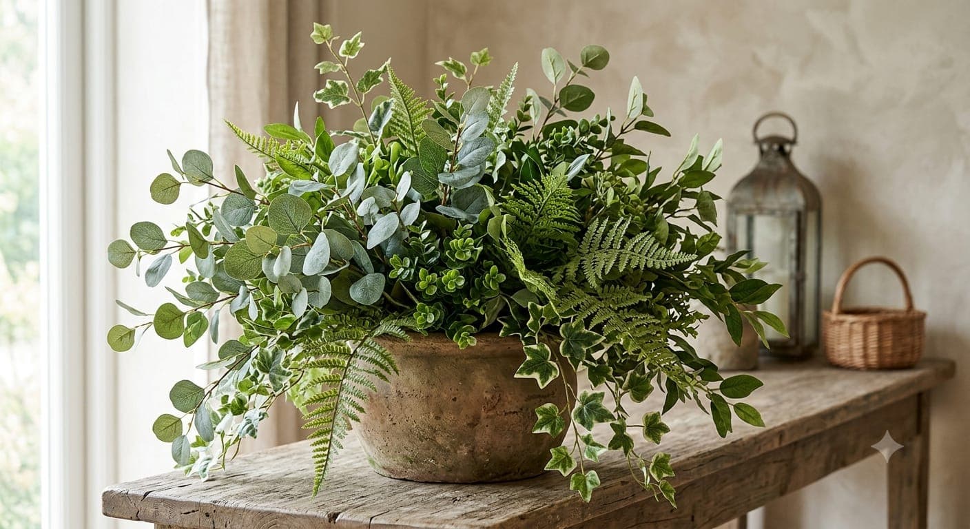 Composizione di verde artificiale con felci ed eucalipto in un vaso
