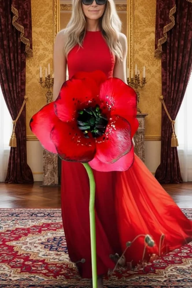 Papavero gigante con abito rosso in interno classico