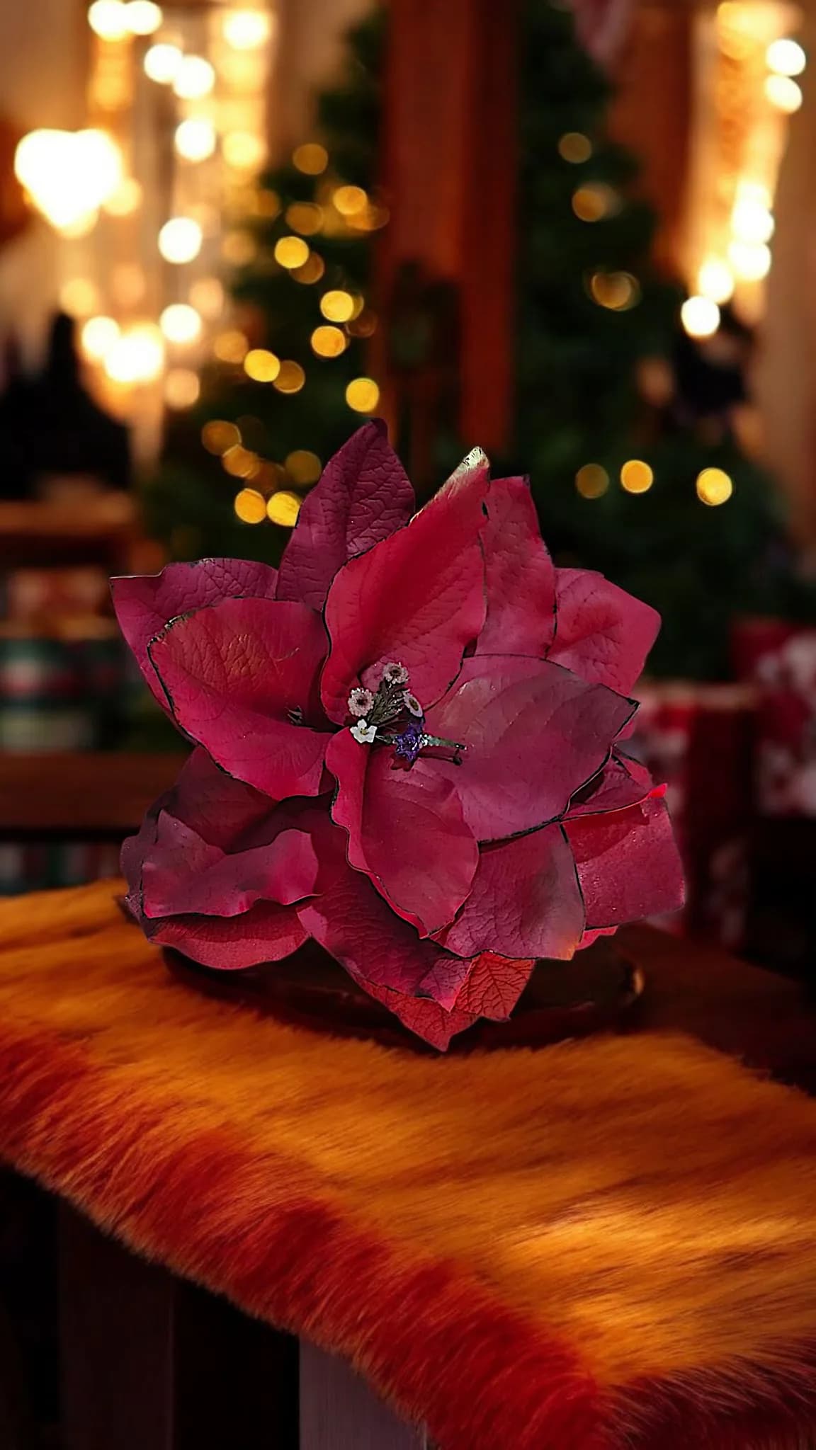 Stella di Natale artistica fucsia con luci natalizie sullo sfondo